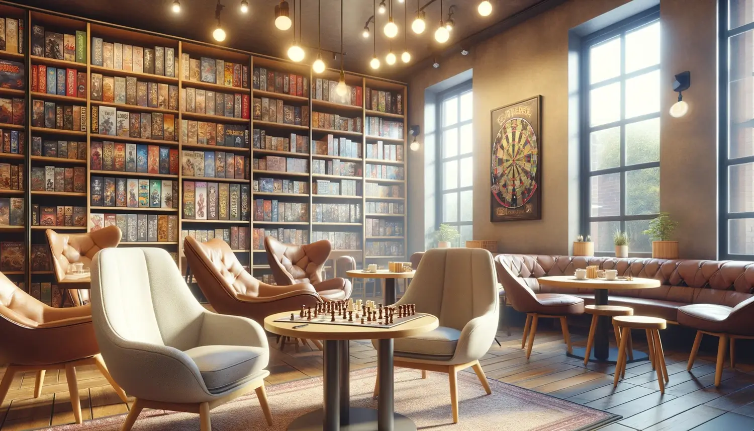 The inside of Boardwalk Games with bookshelves filled with boardgames, and wooden tables to play at