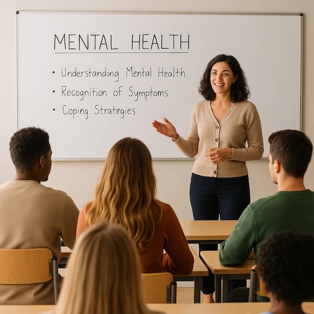 The inside of a classroom with students engaged in learning about mental health.